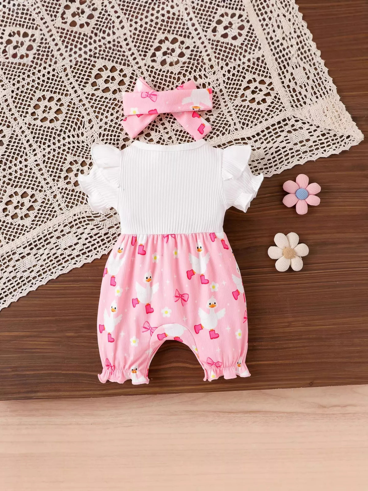 Children's Bow Duck Print Romper with Headband - Lilixa.store