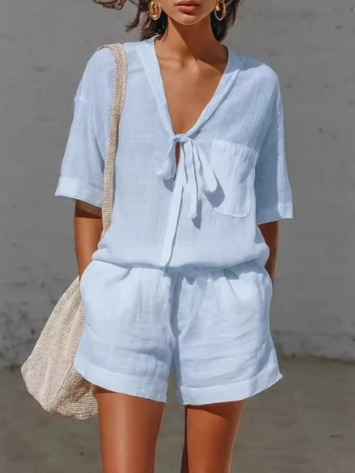 Tie-Front Half Sleeve Shirt and Shorts Set in Blue