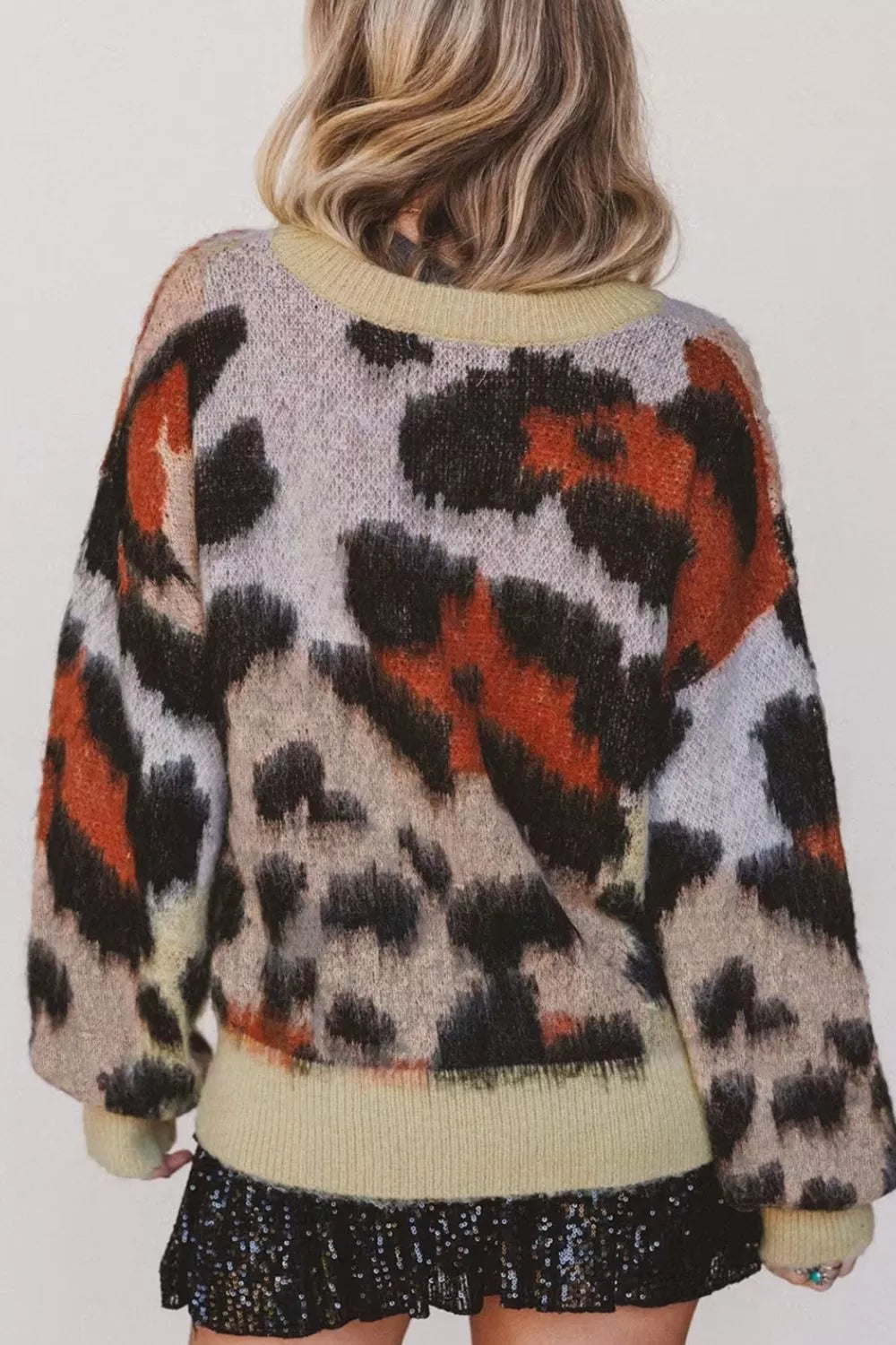 Leopard Print Drop Shoulder Long Sleeve Round Neck Sweater