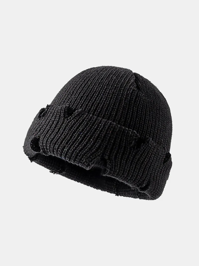 Distressed Cuffed Knit Hat in Black