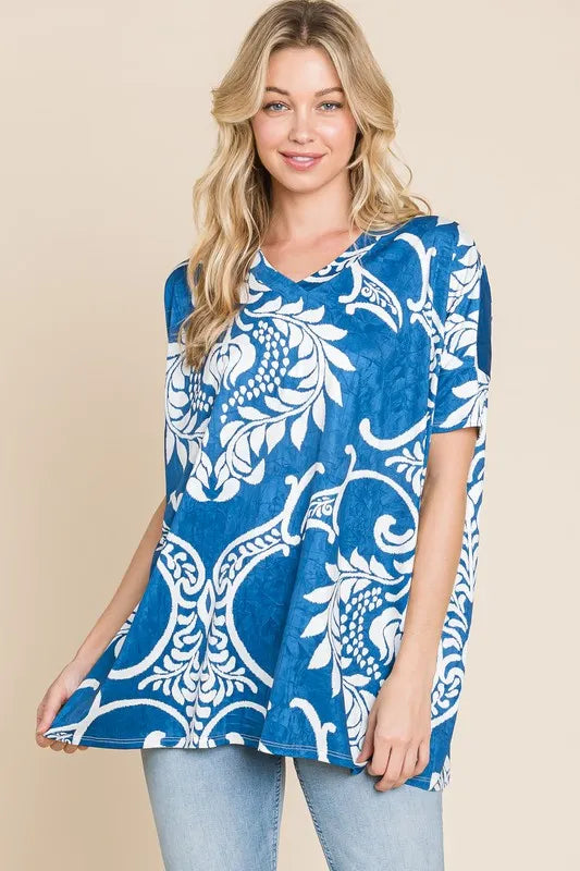 BOMBOM Printed Relaxed V-Neck Tunic Top - Lilixa.store