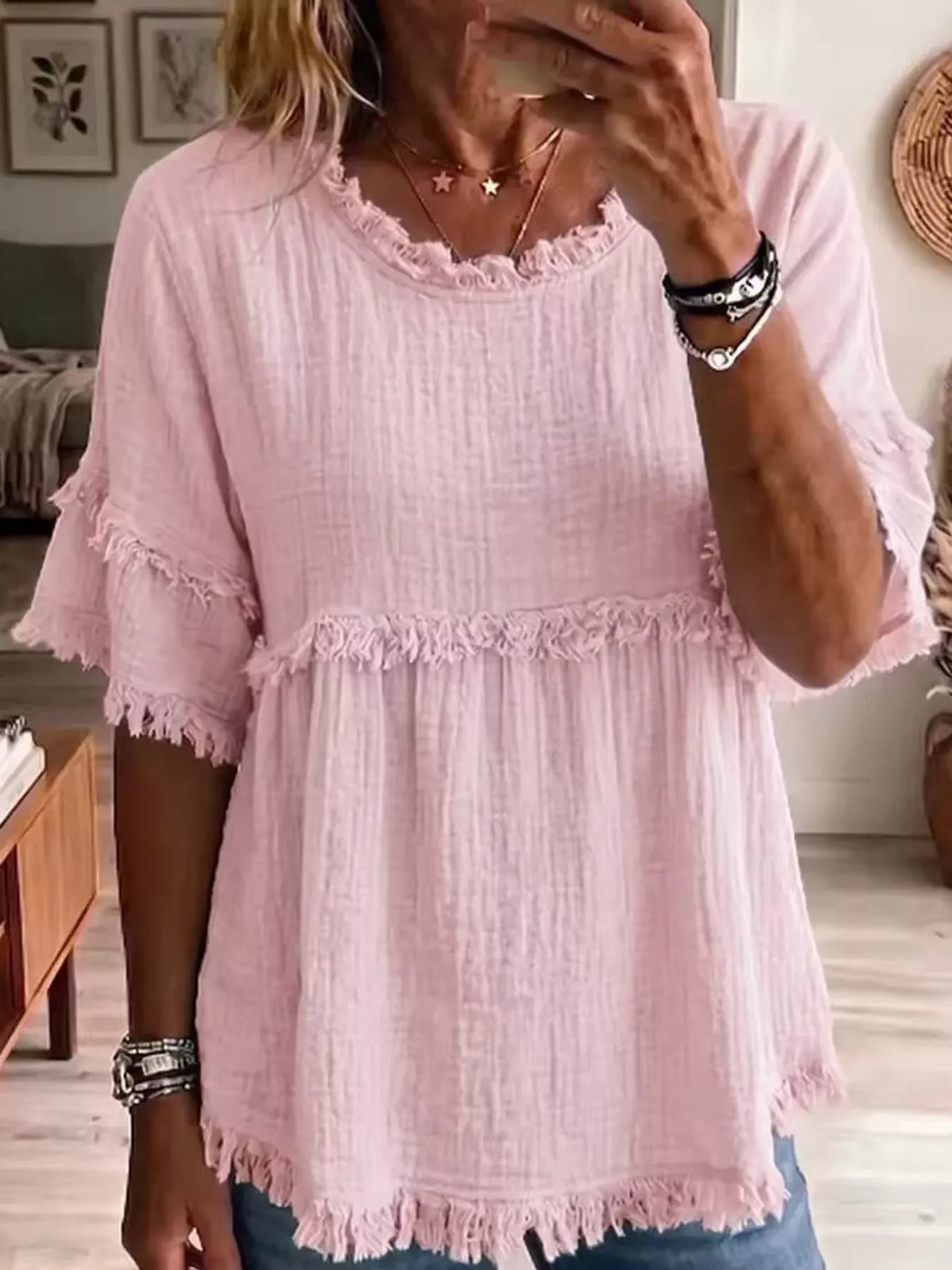 Full Size Frayed Edge Textured Blouse Plus Size in Pink