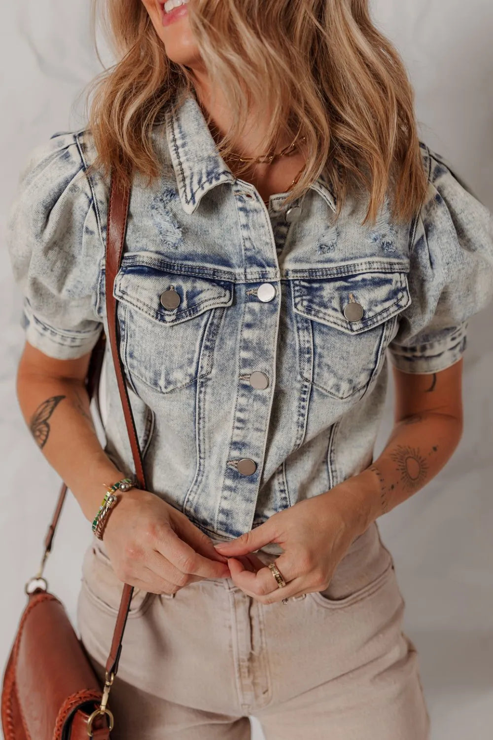 Wash Buttoned Chest Pocket Puff Sleeve Denim Jacket, view 3