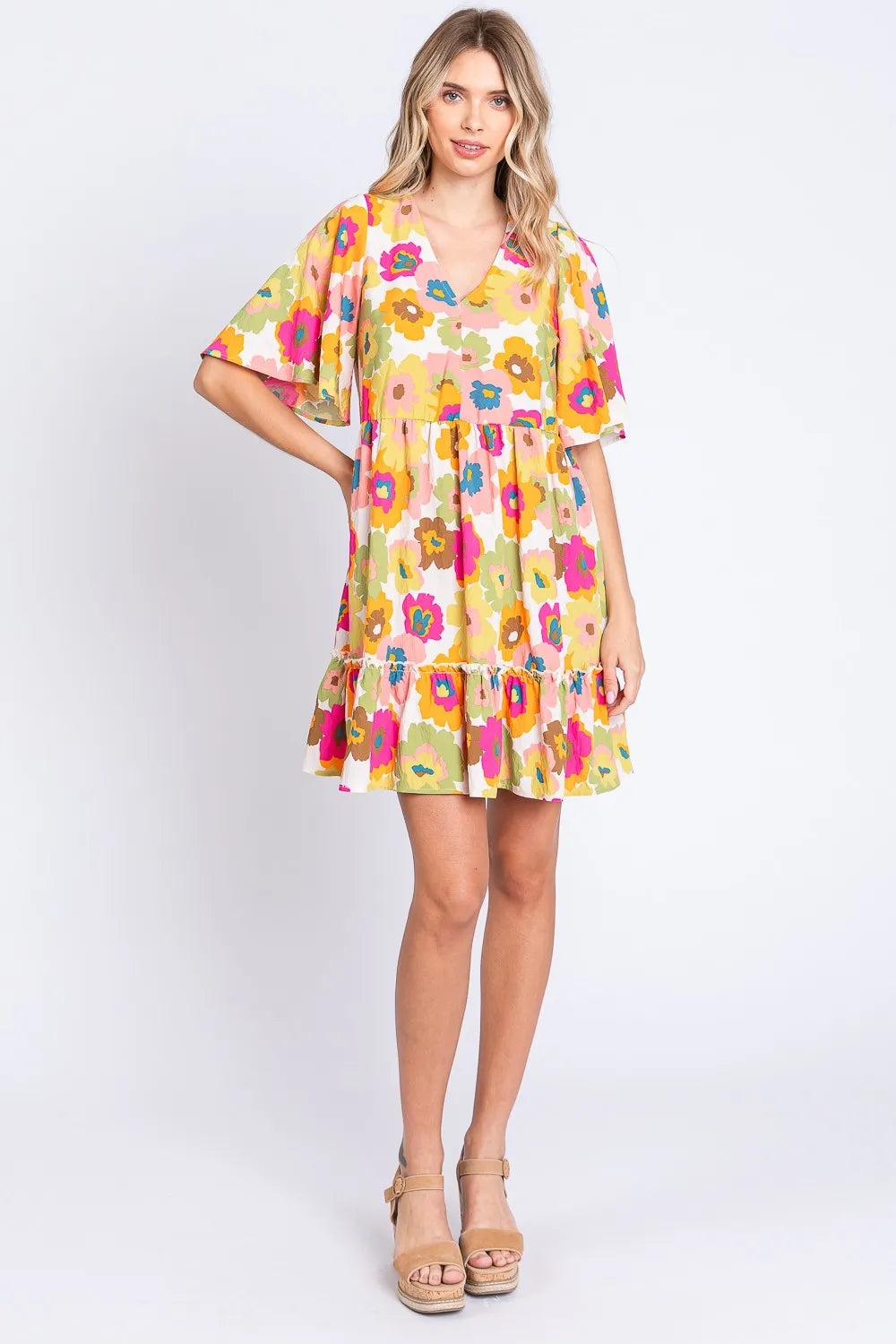 GeeGee Floral V-Neck Ruffle Hem Mini Dress - Lilixa.store