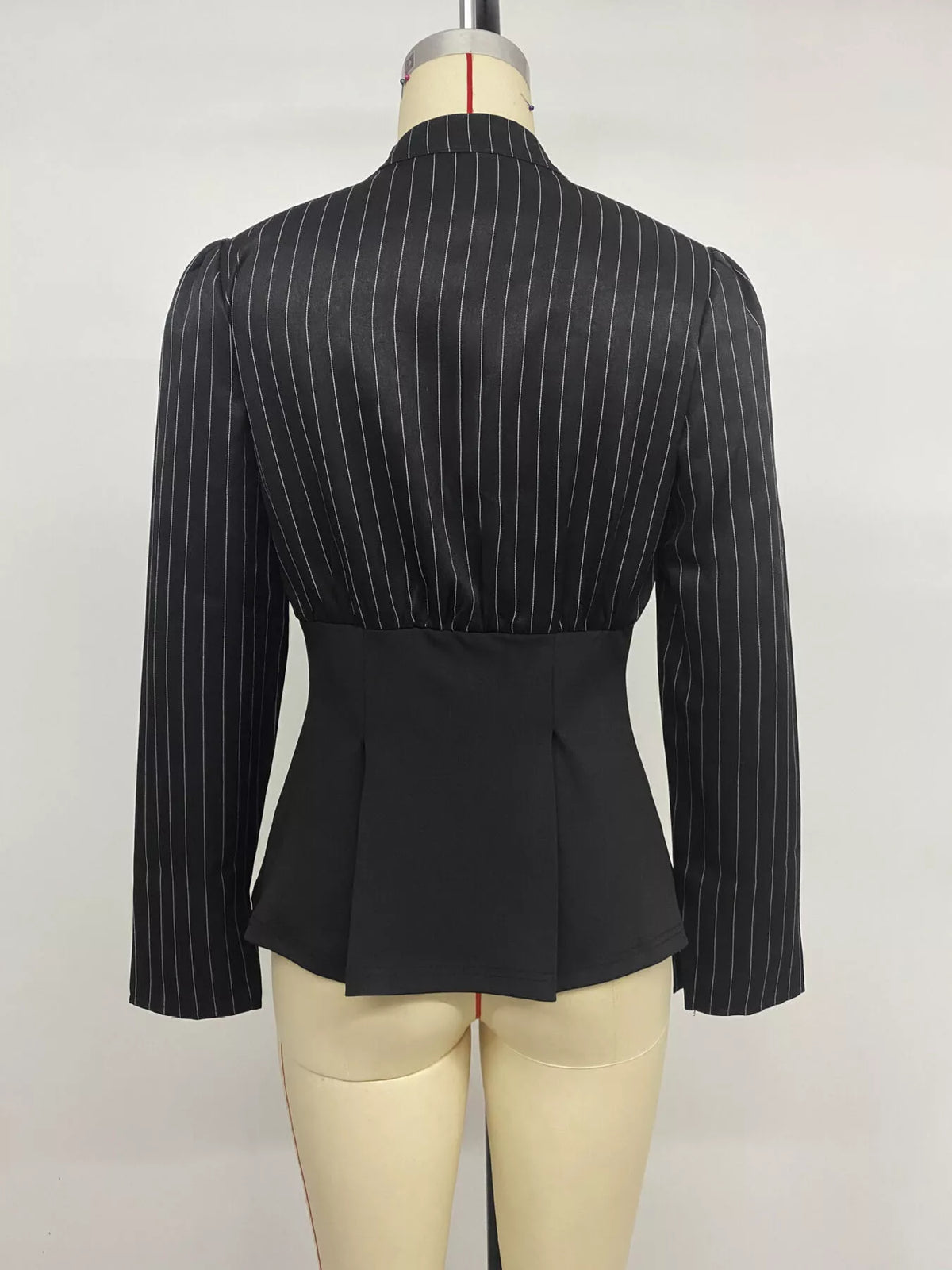 Striped Long Sleeve Peplum Blouse in Black, view 8