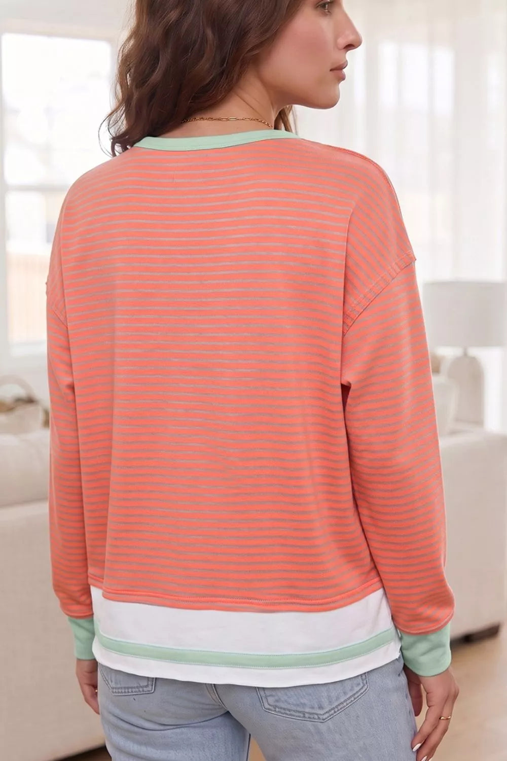Stripe Colorblock Detail Raw Seam Long Sleeve Tunic Top in Burnt Coral, view 3