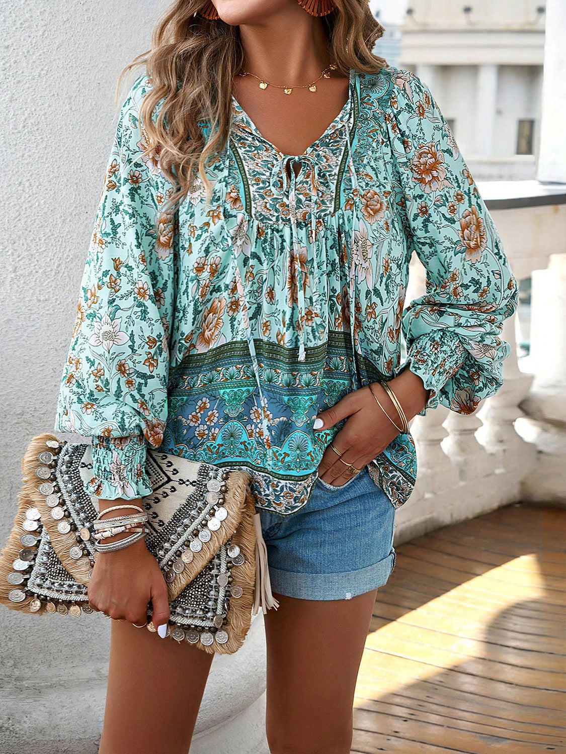 Devine Bohemian Tie Neck Lantern Sleeve Blouse - Lilixa.store