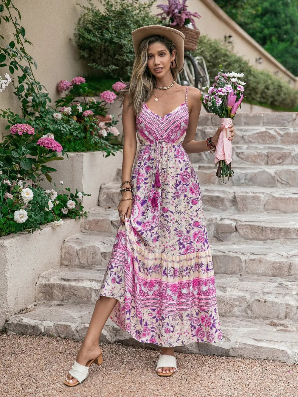 Tassel Printed V-Neck Maxi Dress - Lilixa.store