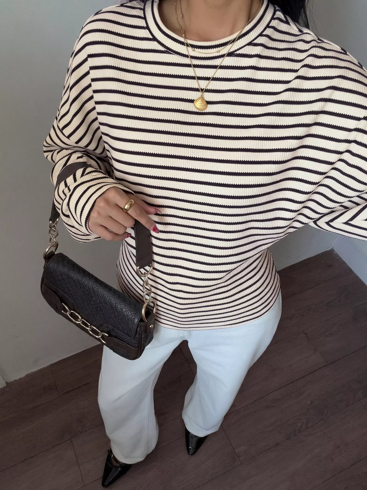Striped Batwing Sleeve Crew Neck T-Shirt