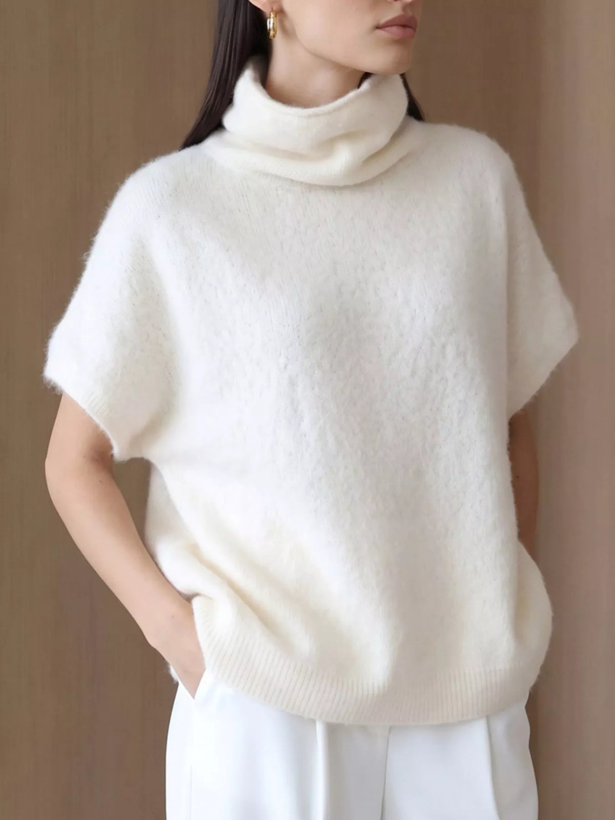 Turtleneck Fuzzy Short Sleeve Sweater, view 2
