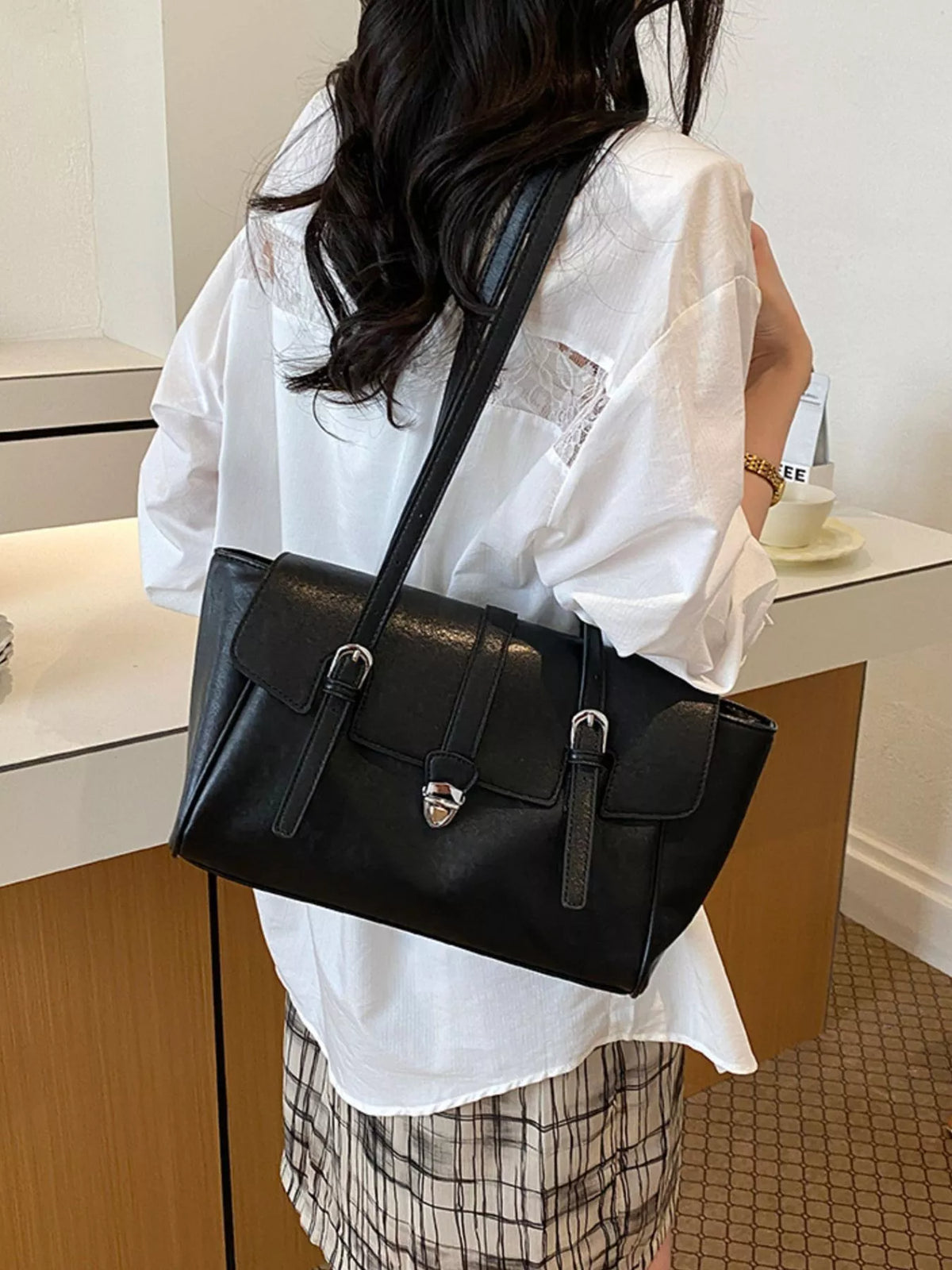 PU Leather Tote Bag with Buckle Detail