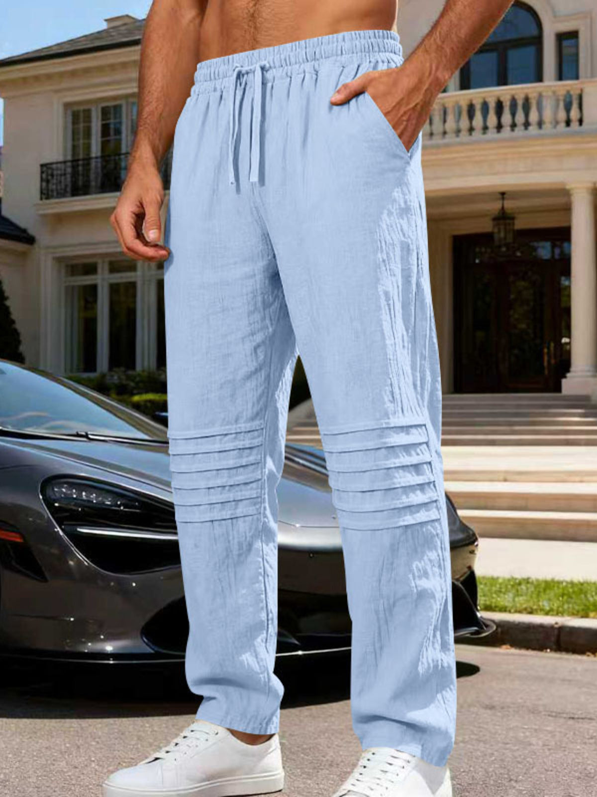 Men's Full Size Casual Drawstring Pants Plus Size in Light Blue