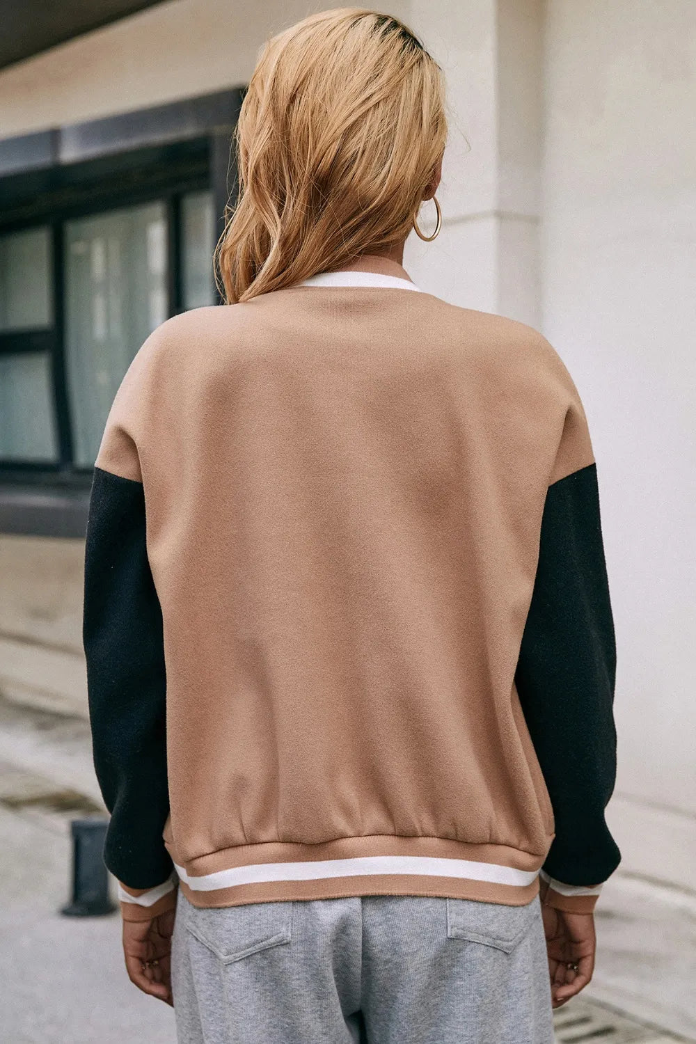Ivy Lane Contrast Baseball Collar Snap Down Jacket in Camel, view 4