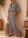 Striped Collared Shirt and Wide-Leg Drawstring Pants Set - Lilixa.store