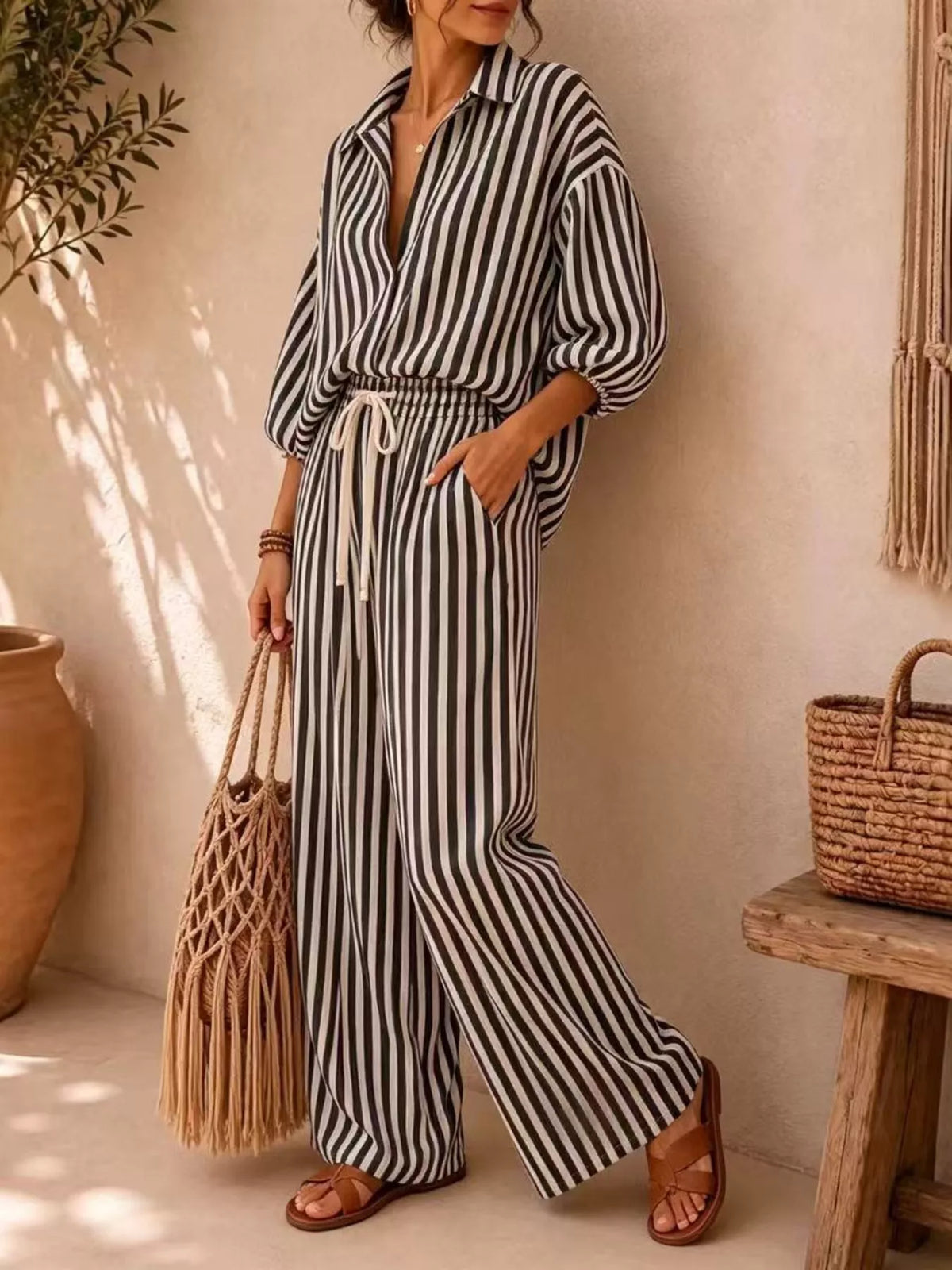 Striped Collared Shirt and Wide-Leg Drawstring Pants Set - Lilixa.store