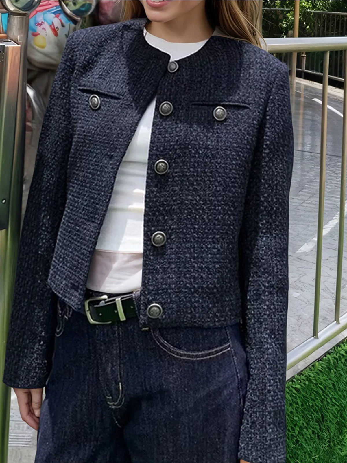 Tweed Metallic Buttons Cropped Outerwear - Lilixa.store