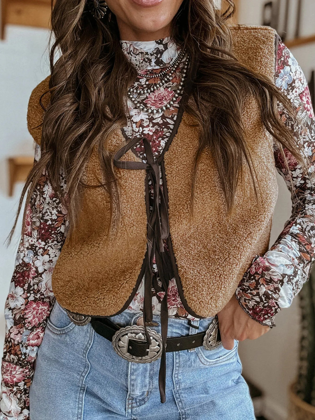 Double Tied Front Vest Coat in Light French Beige