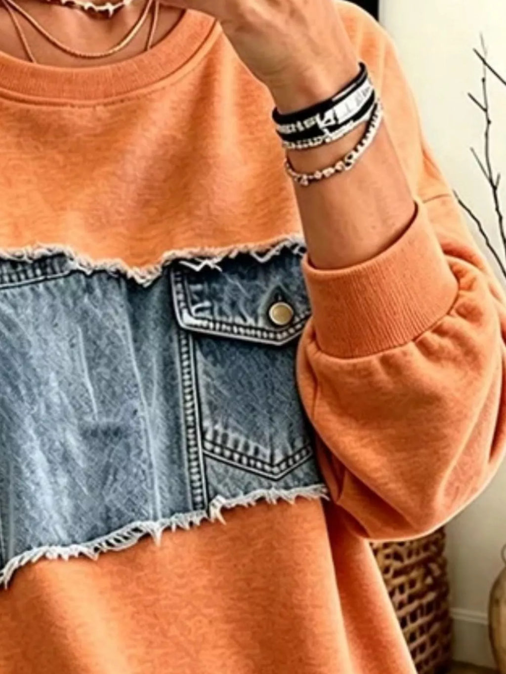 Full Size Denim Patchwork Dropped Shoulder Sweatshirt Plus Size - Lilixa.store