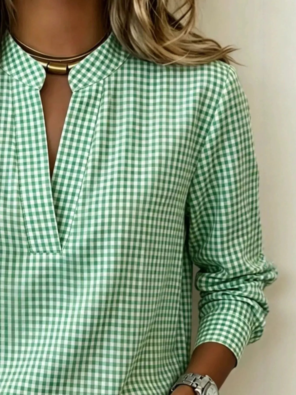 Full Size Plaid Notched Long Sleeve Blouse Plus Size - Lilixa.store