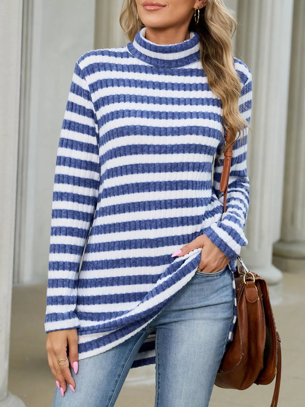 Striped Ribbed Knit Turtleneck Long Sleeve T-Shirt - Lilixa.store
