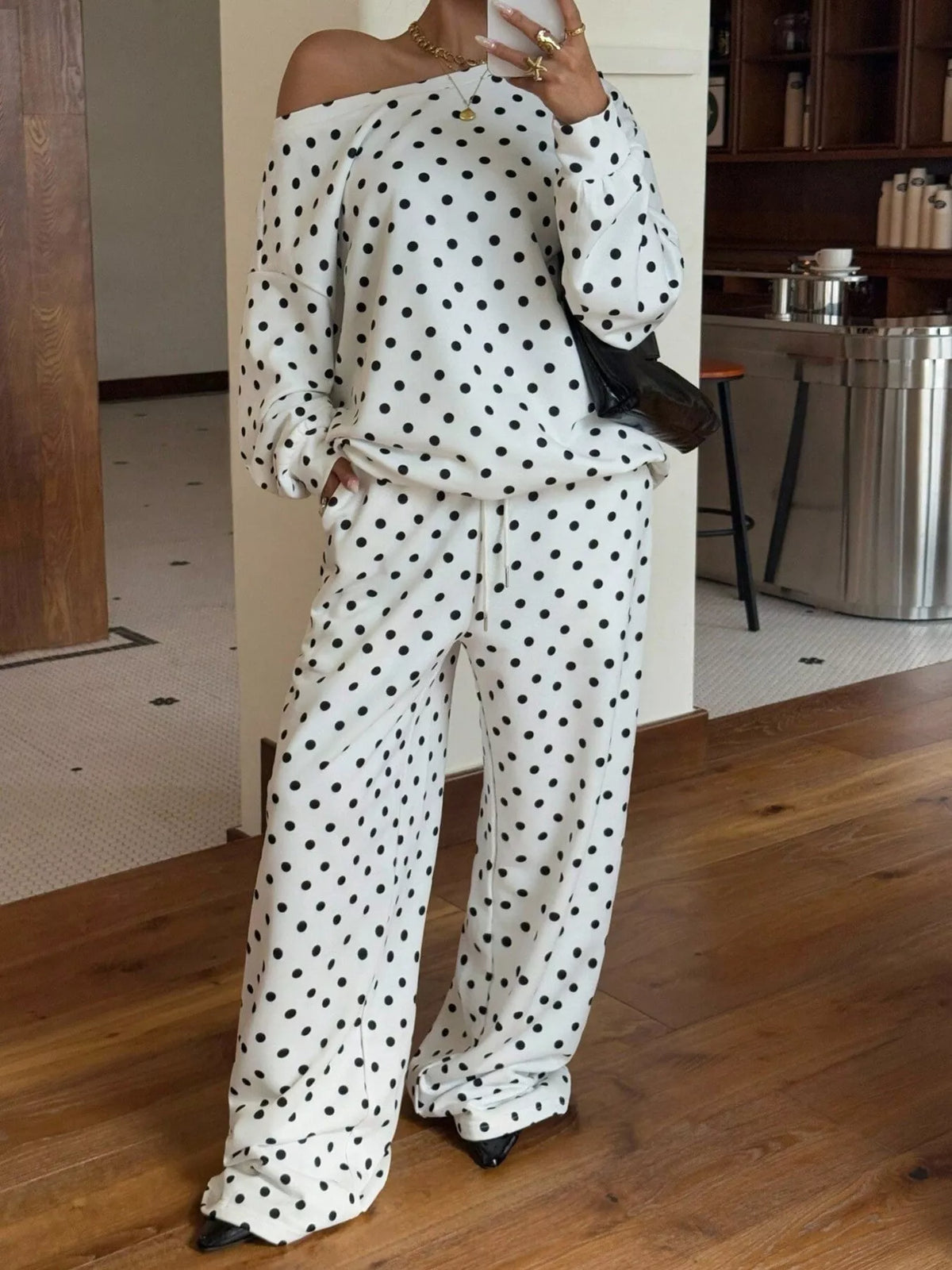 Polka Dot Boat Neck Top and Pants Set - Lilixa.store