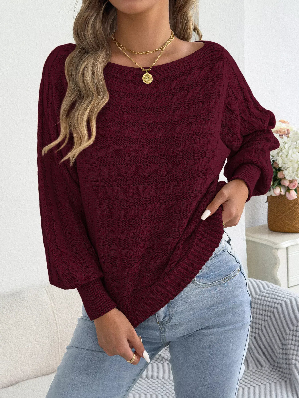 Cable Knit Boat Neck Sweater
