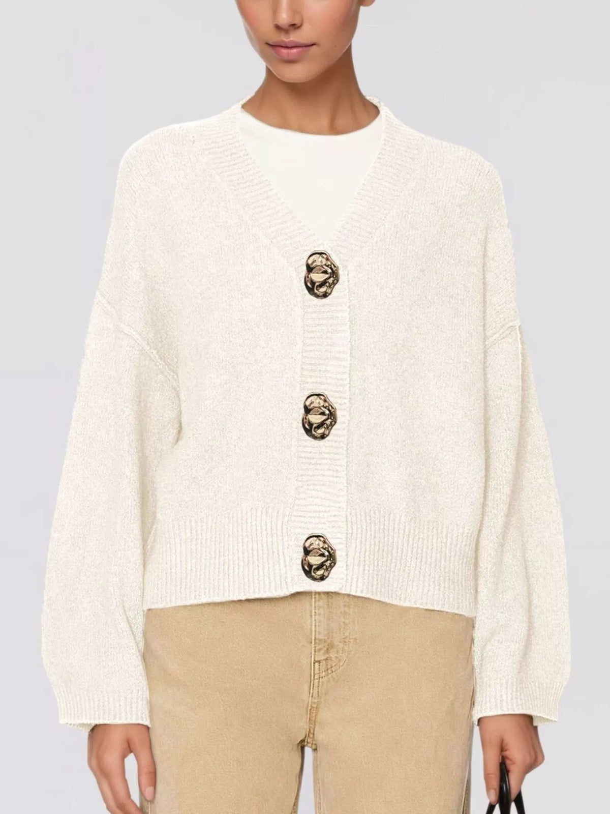 Gold Buttons V-Neck Cardigan - Lilixa.store