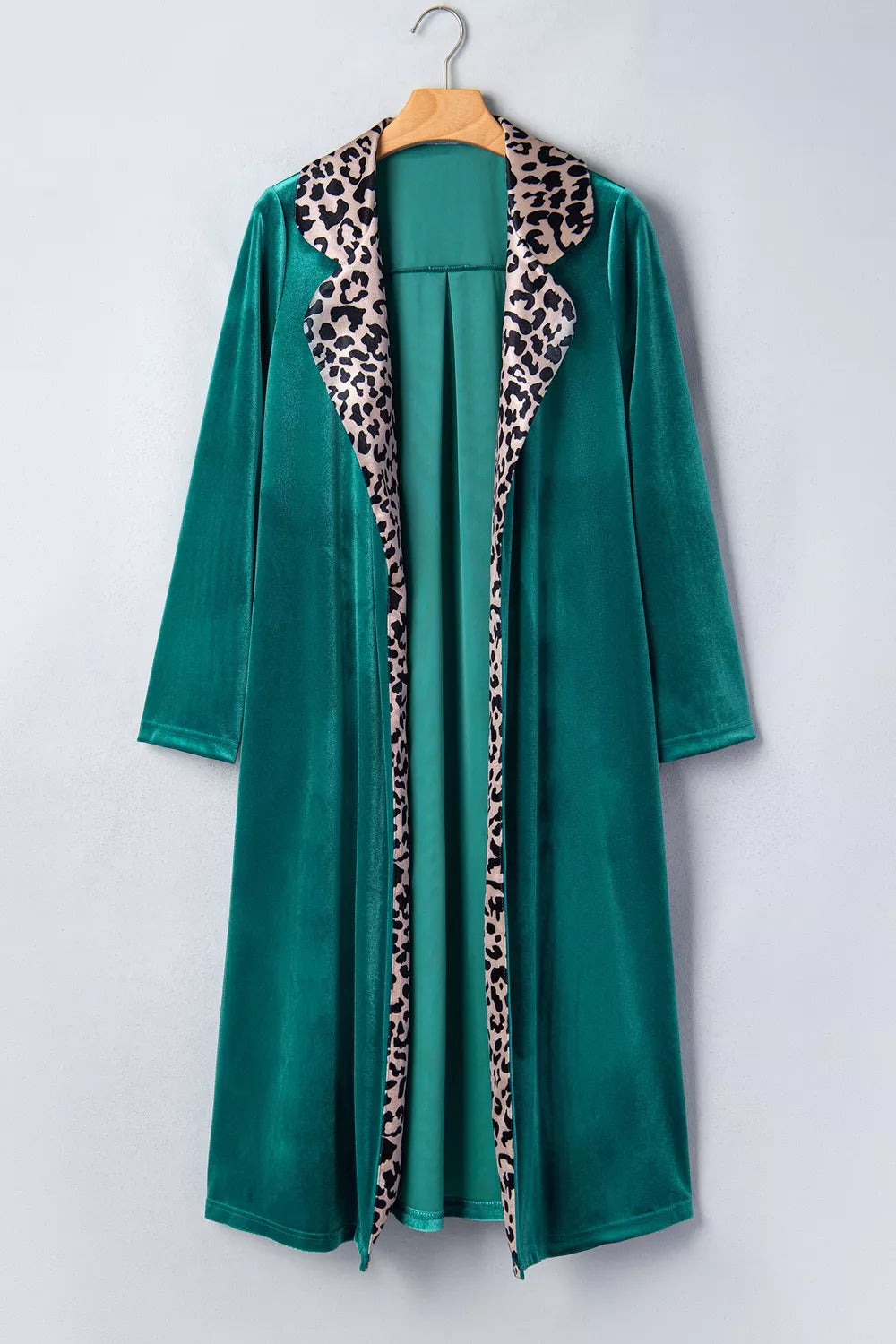 Velvet Contrast Leopard Print Lapel Collar Open Front Cardigan in Deep Teal, view 5