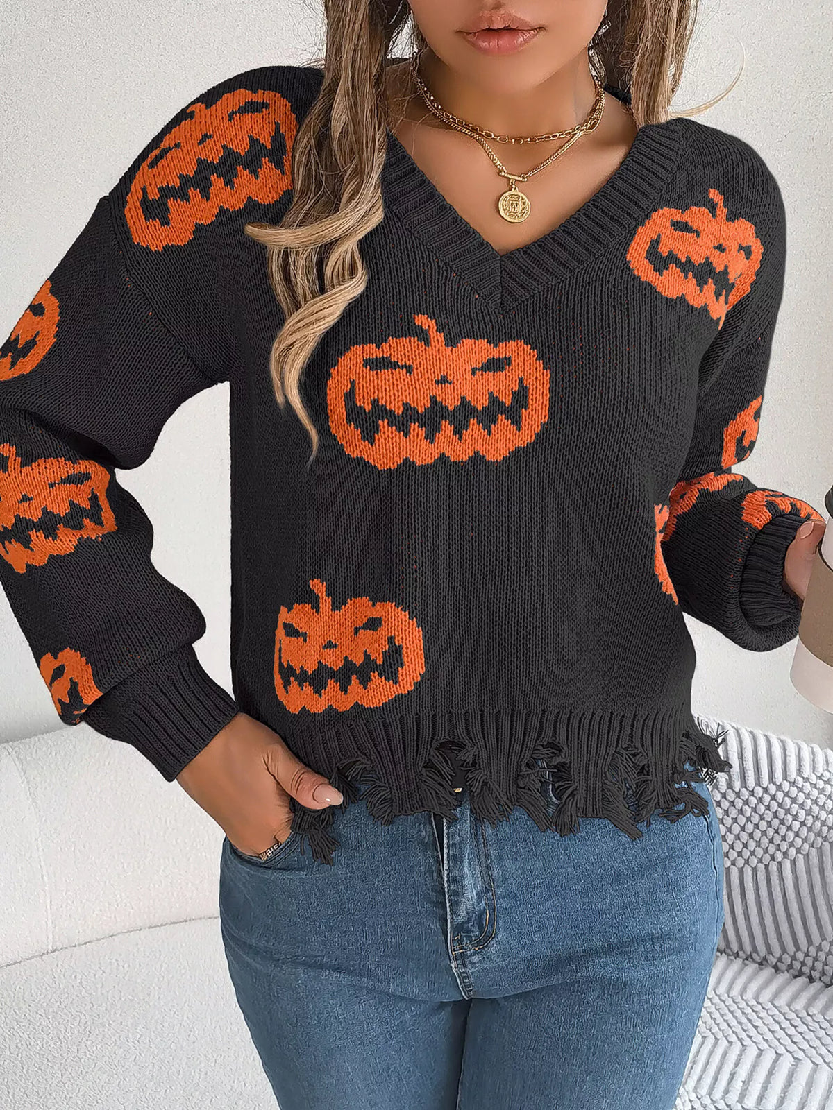Pumpkin Distressed Hem Sweater