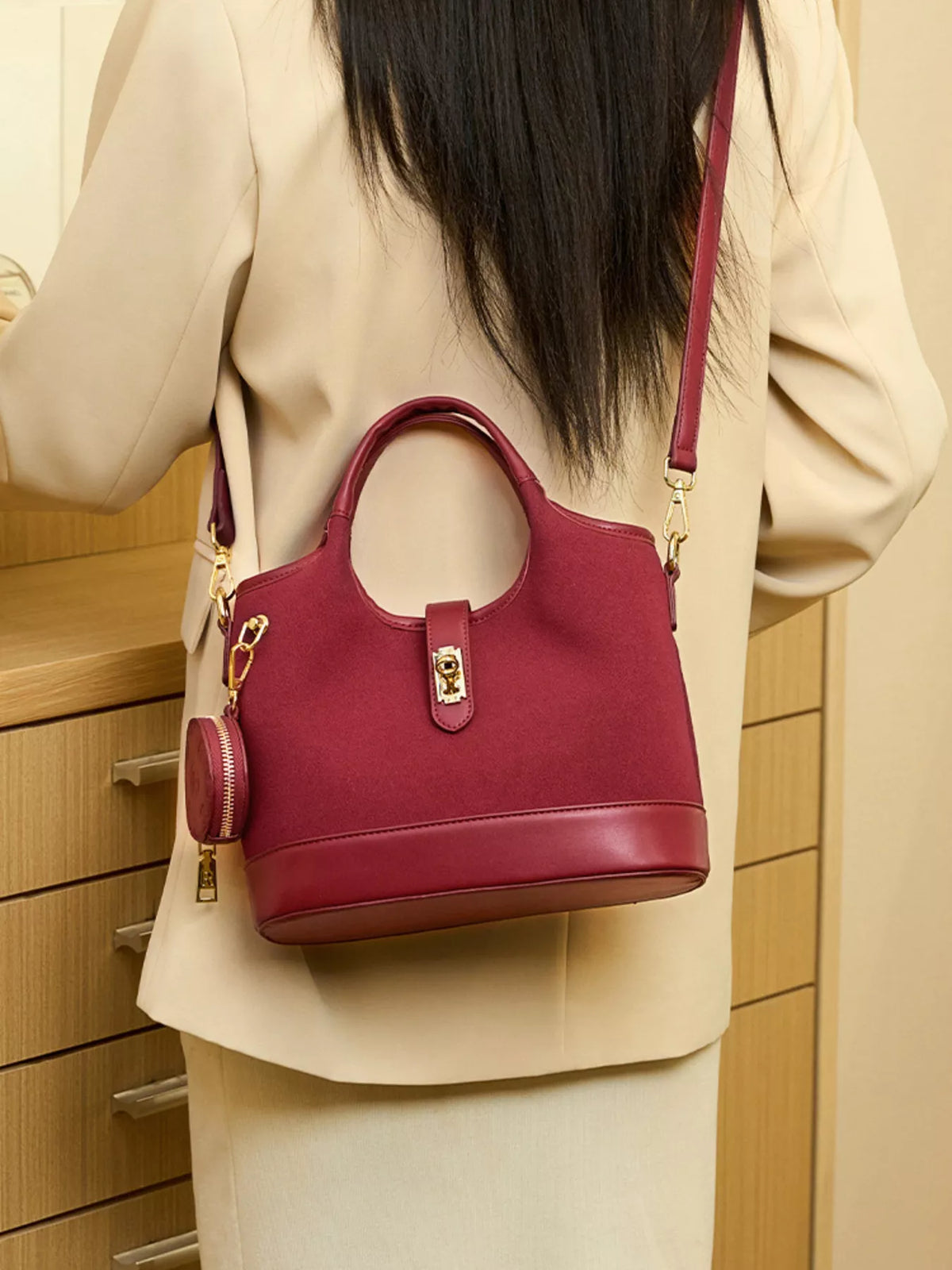 Suede Crossbody Bag with Detachable Coin Pouch in Wine Red, view 4