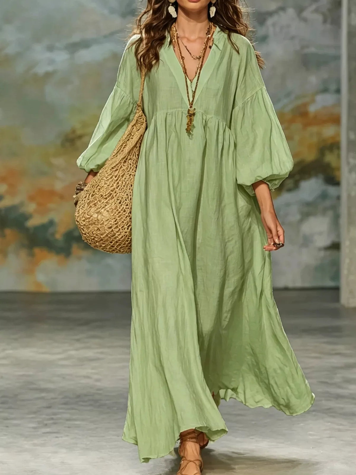 Full Size Notched 3/4 Sleeve Maxi Dress Plus Size