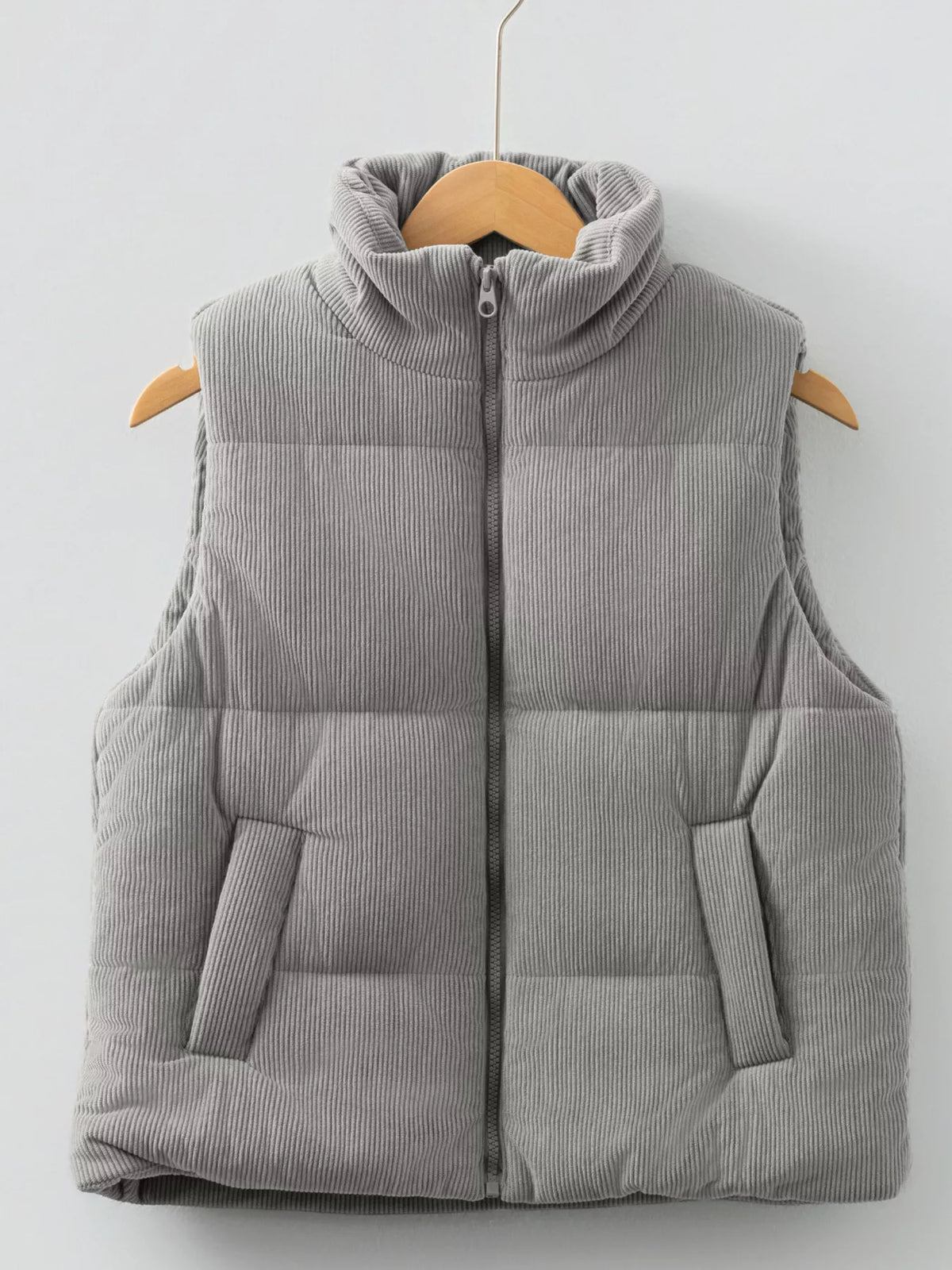 Corduroy Stand Neck Zipped Puffer Vest - Lilixa.store
