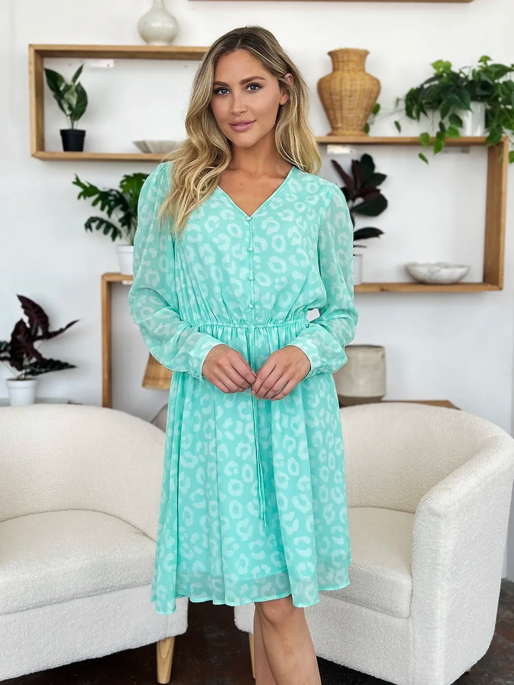 Double Take Full Size Printed Ruched V-Neck Long Sleeve Dress - Lilixa.store