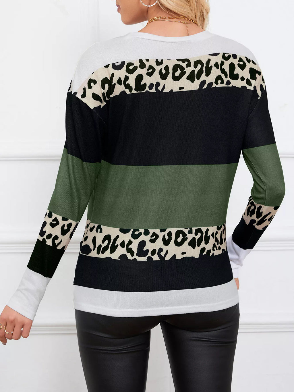 Leopard Color Block Striped Knit Top - Lilixa.store