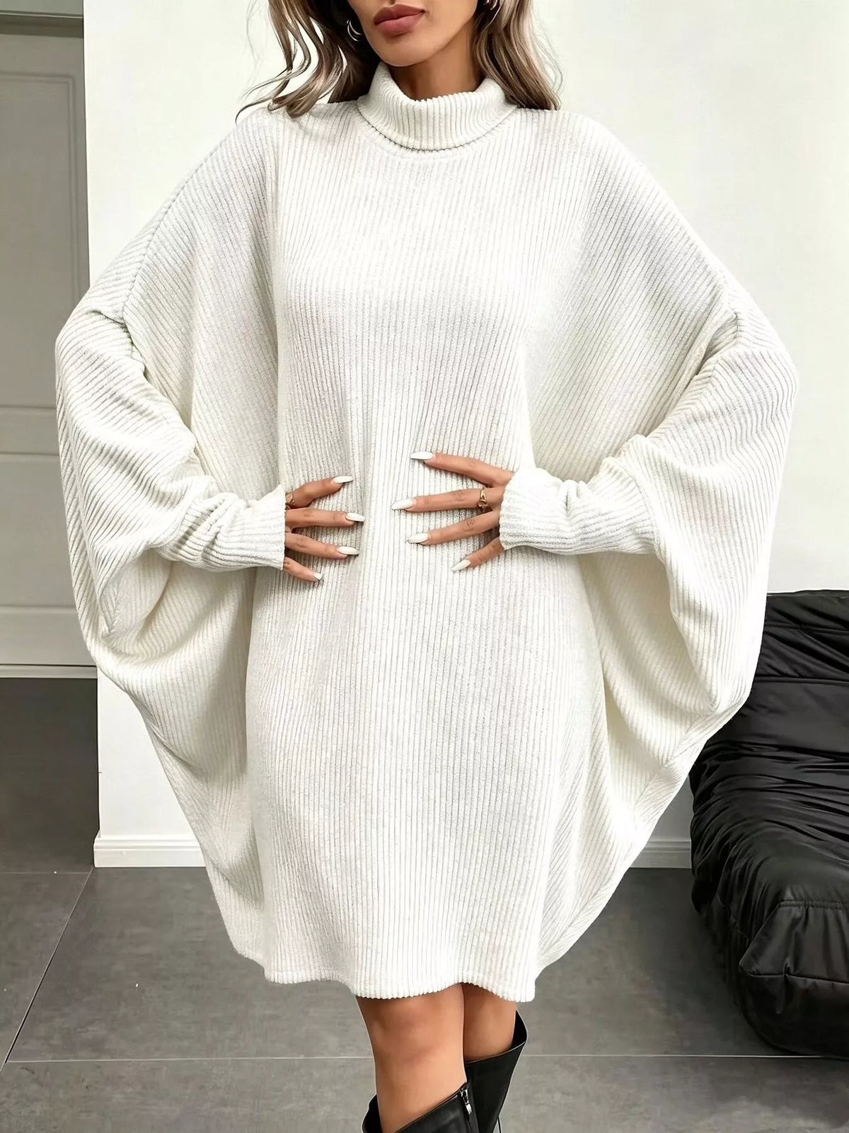 Oversized Batwing Sleeve Ribbed Knit Turtleneck Dress - Lilixa.store