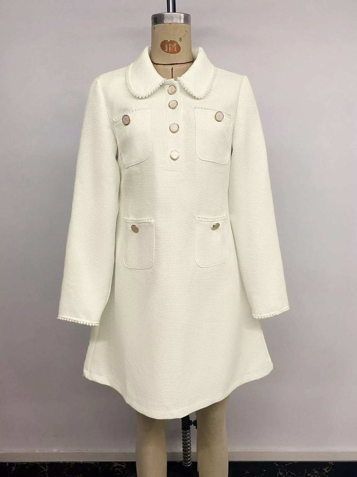 Peter Pan Collar Button-Front Tweed Mini Dress