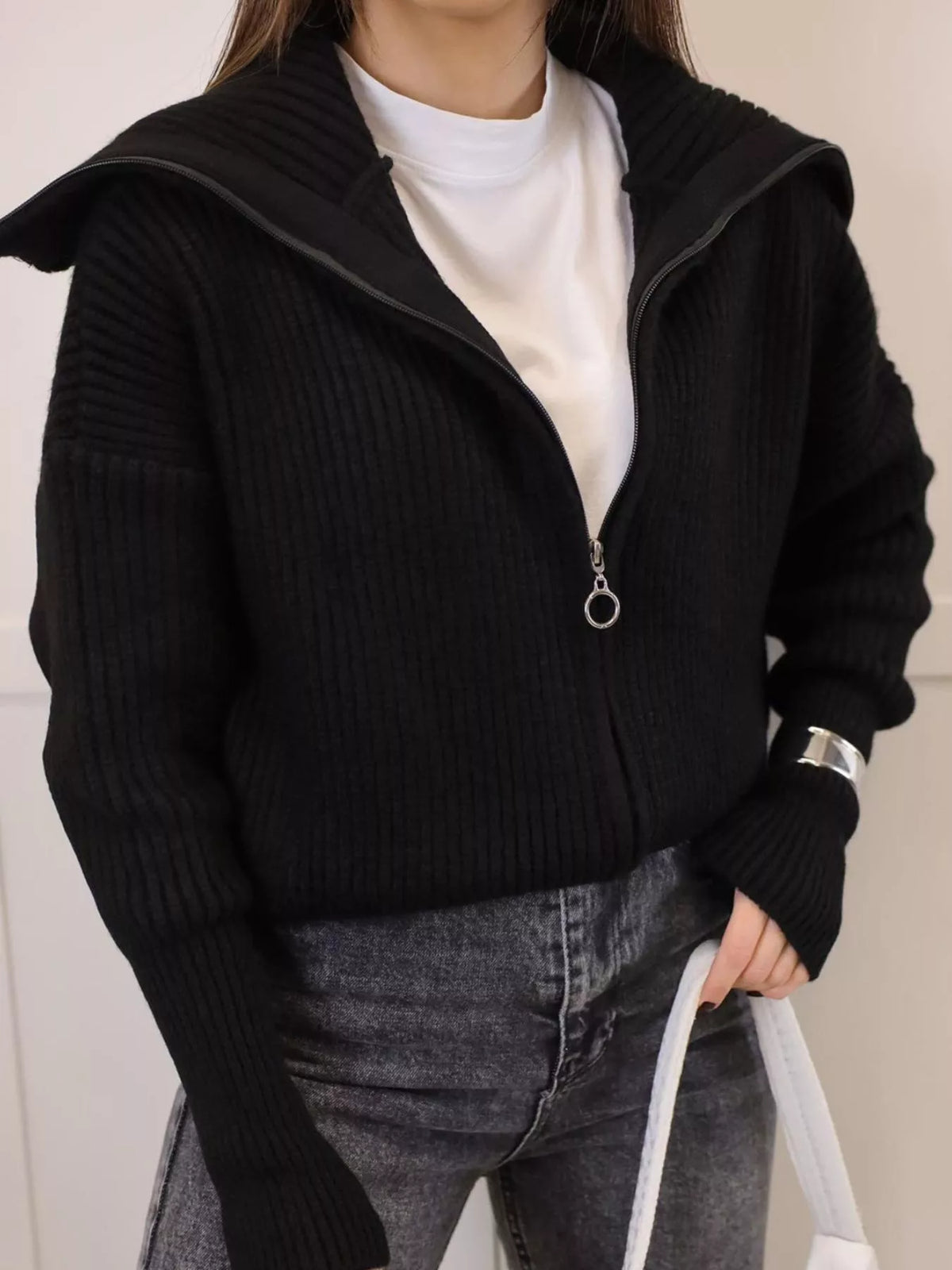 Zip Up Dropped Shoulder Cardigan - Lilixa.store