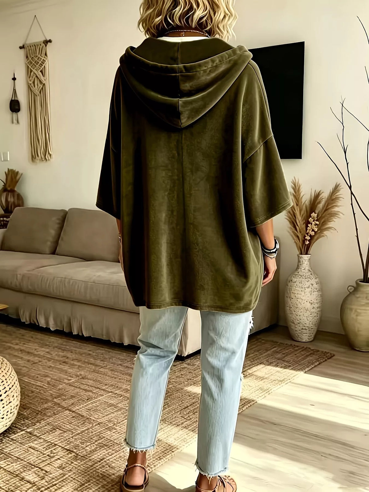 Full Size Velvet Button Detail Drawstring Hoodie Plus Size, view 4