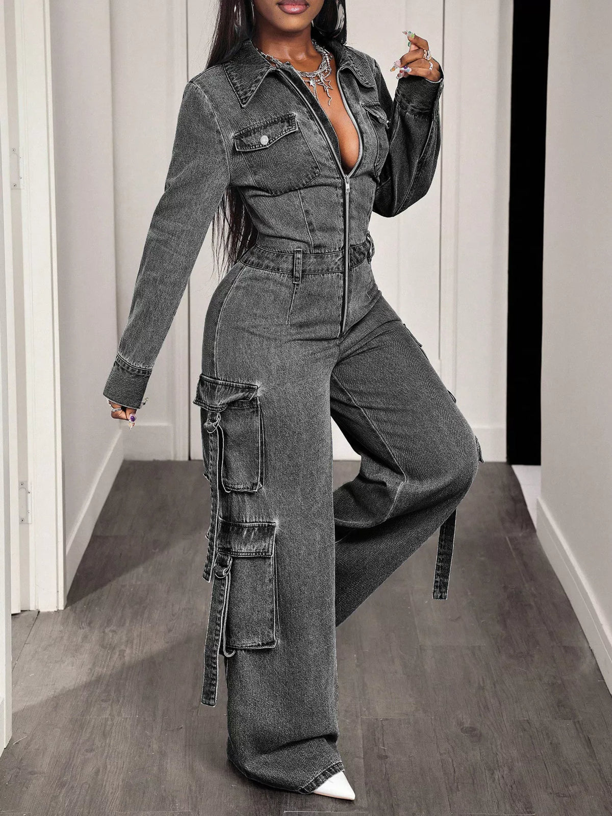 Zip Front Wide Leg Denim Jumpsuit