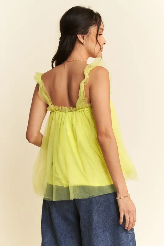 Davi & Dani Shirred Ruffle Strap Tulle Babydoll Top - Lilixa.store