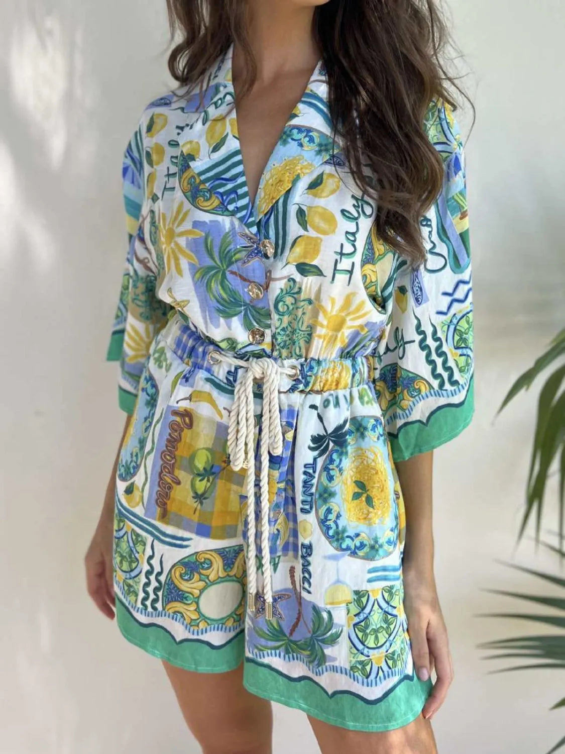 Printed Collared Neck Half Sleeve Romper - Lilixa.store