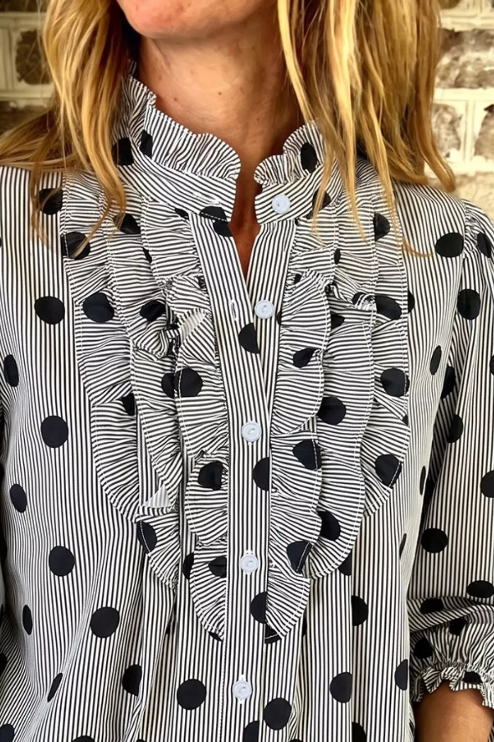 Polka Dot Ruffled Stand-Collar Shirt, view 4