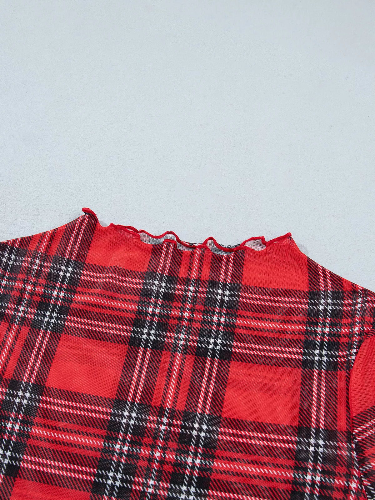 Sheer Plaid Mock Neck Long Sleeve Blouse in Deep Rose, view 7