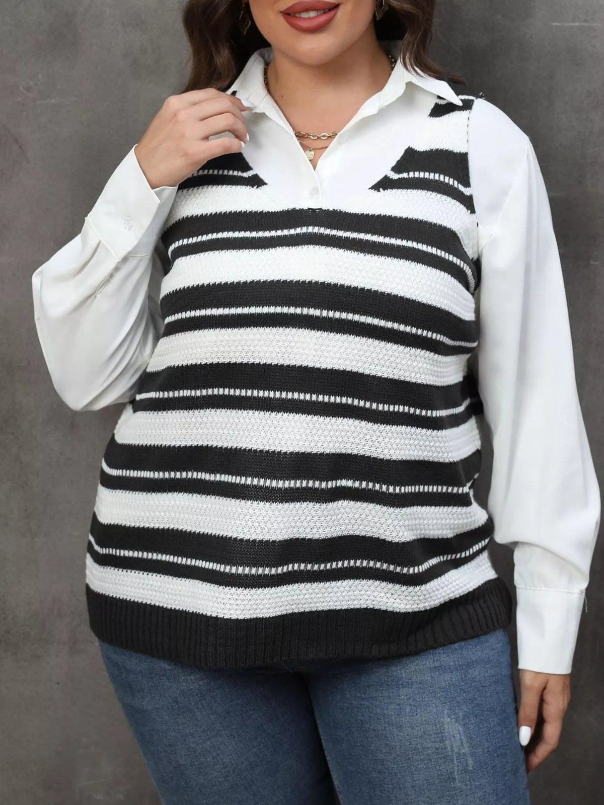 Plus Size Striped V-Neck Knit Sweater Vest - Lilixa.store