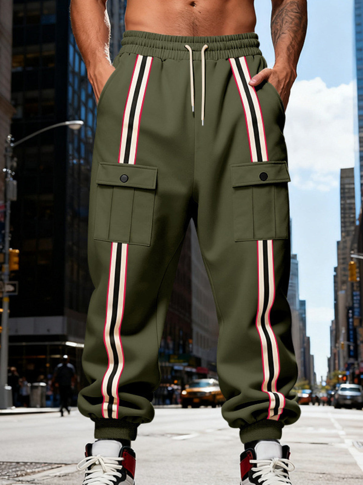Men's Full Size Casual Striped Cargo Joggers Plus Size