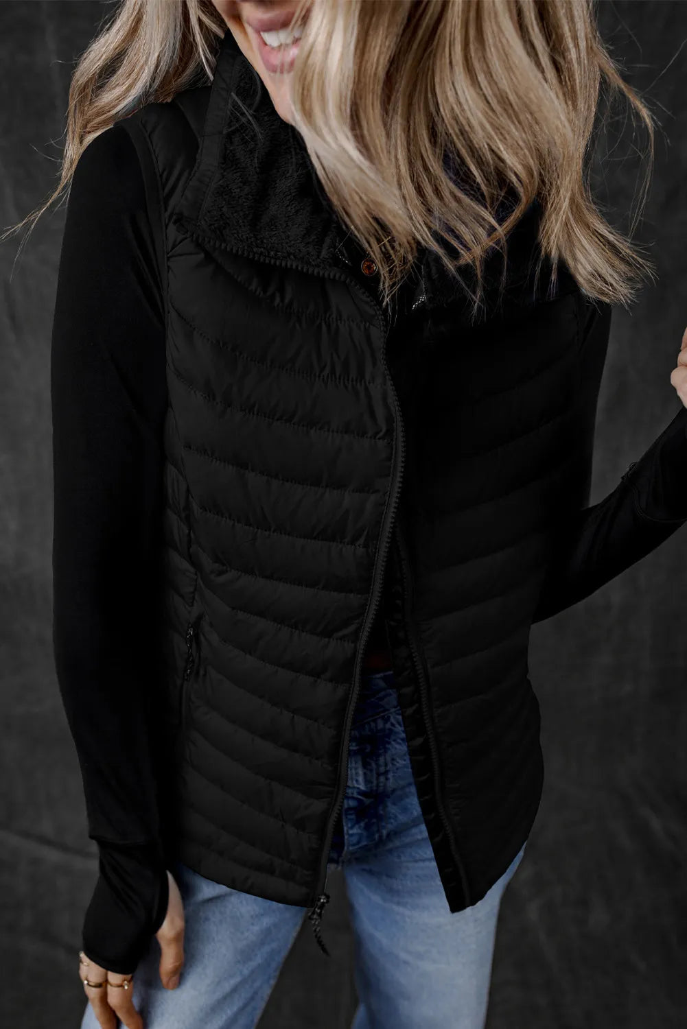 Pocketed Zip Up Vest Coat in Black
