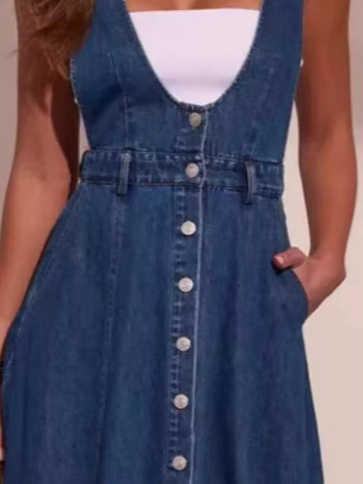 Button Front Denim Overall Midi Dress - Lilixa.store