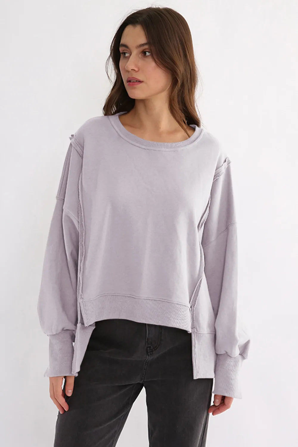 Exposed Seam High-Low Long Sleeve Sweatshirt - Lilixa.store