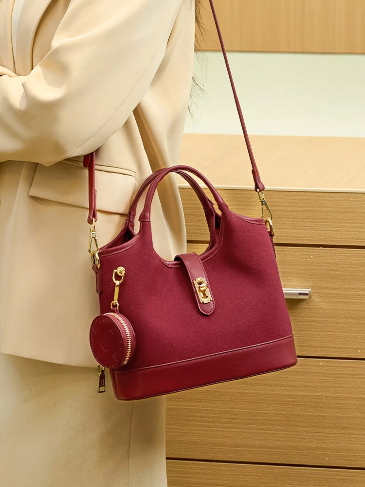 Suede Crossbody Bag with Detachable Coin Pouch in Wine Red, view 6