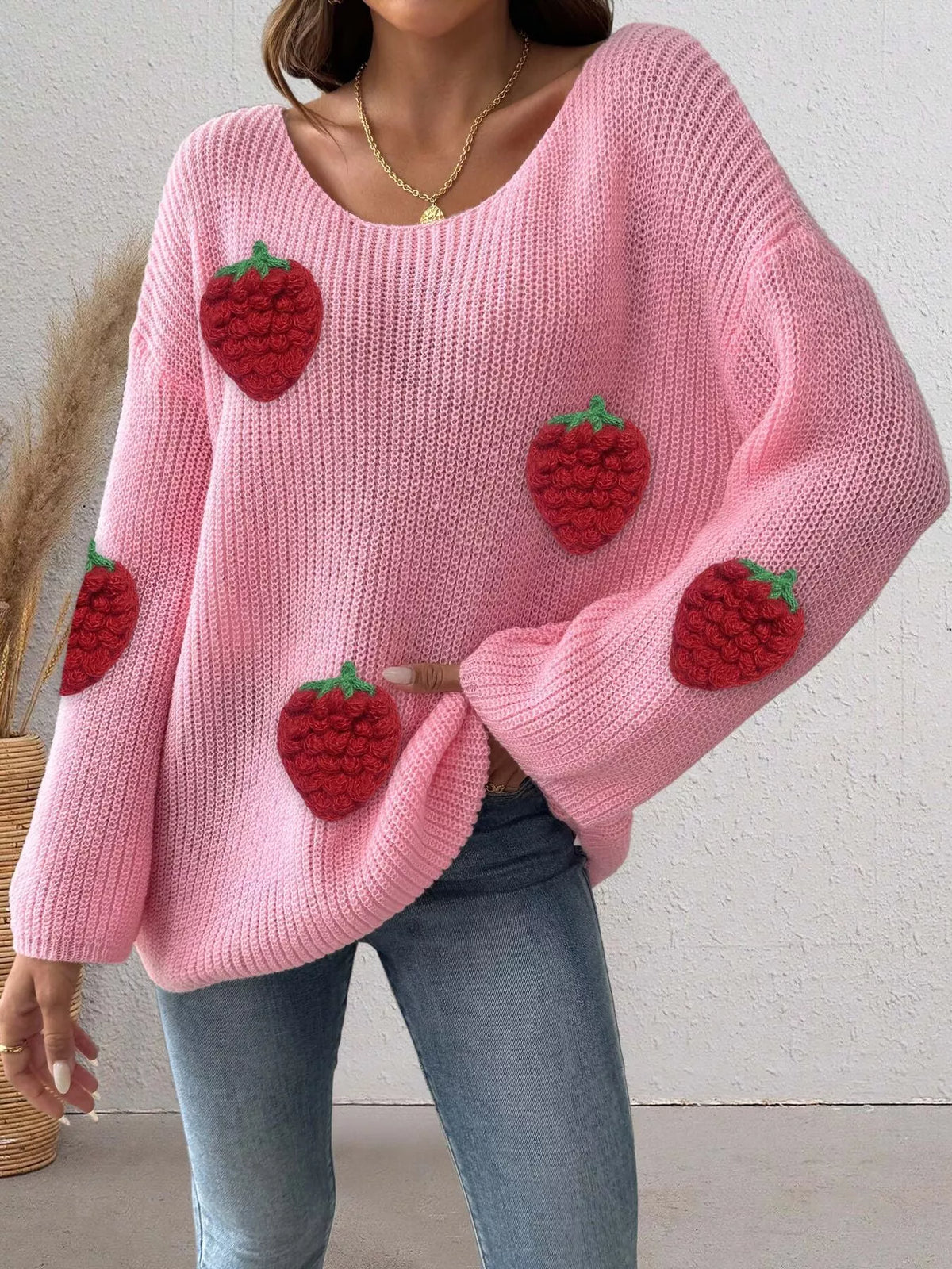 Strawberry Applique Oversized Sweater